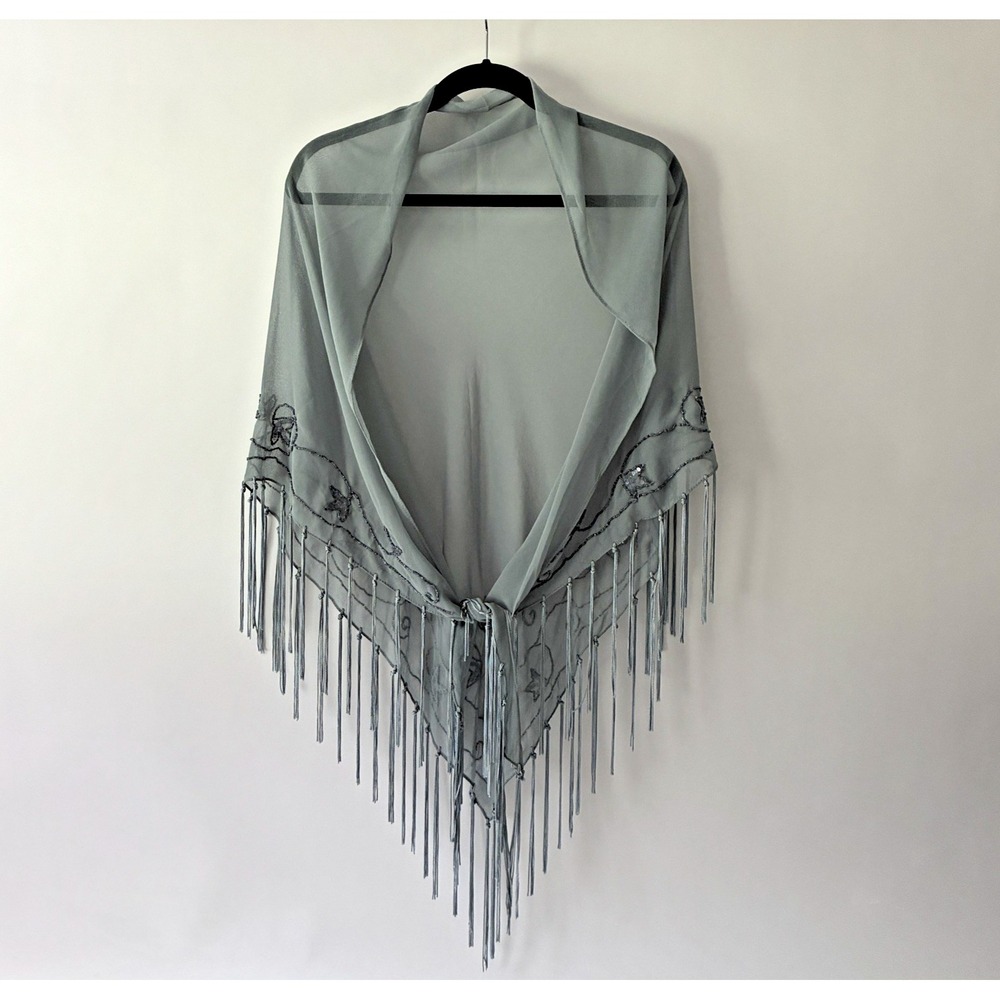 Evening Shawl Wrap Slate Blue Gray Sheer Sequined Fringe Shoulder Waist Chic